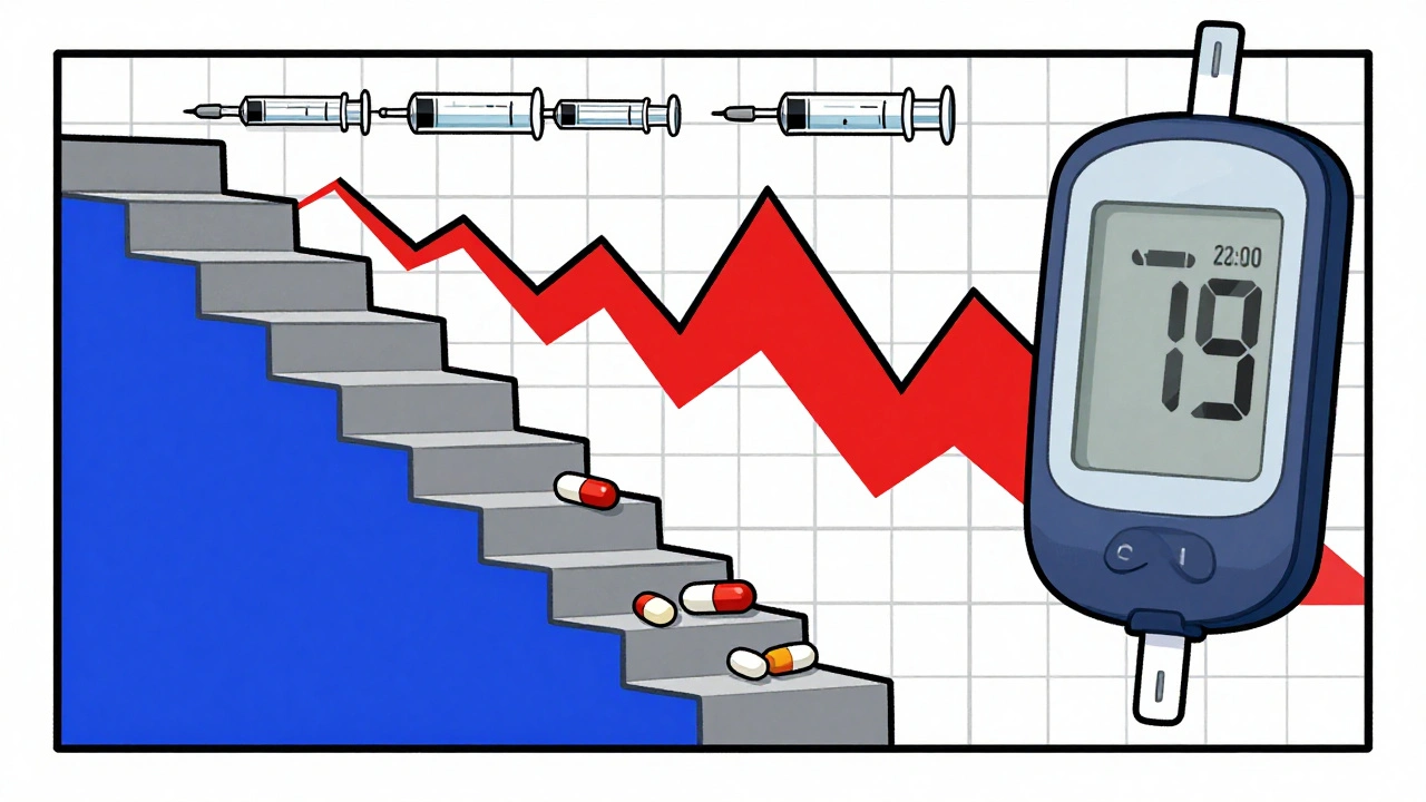 Patient tapering steroids with wild glucose swings and insulin syringes in De Stijl design.