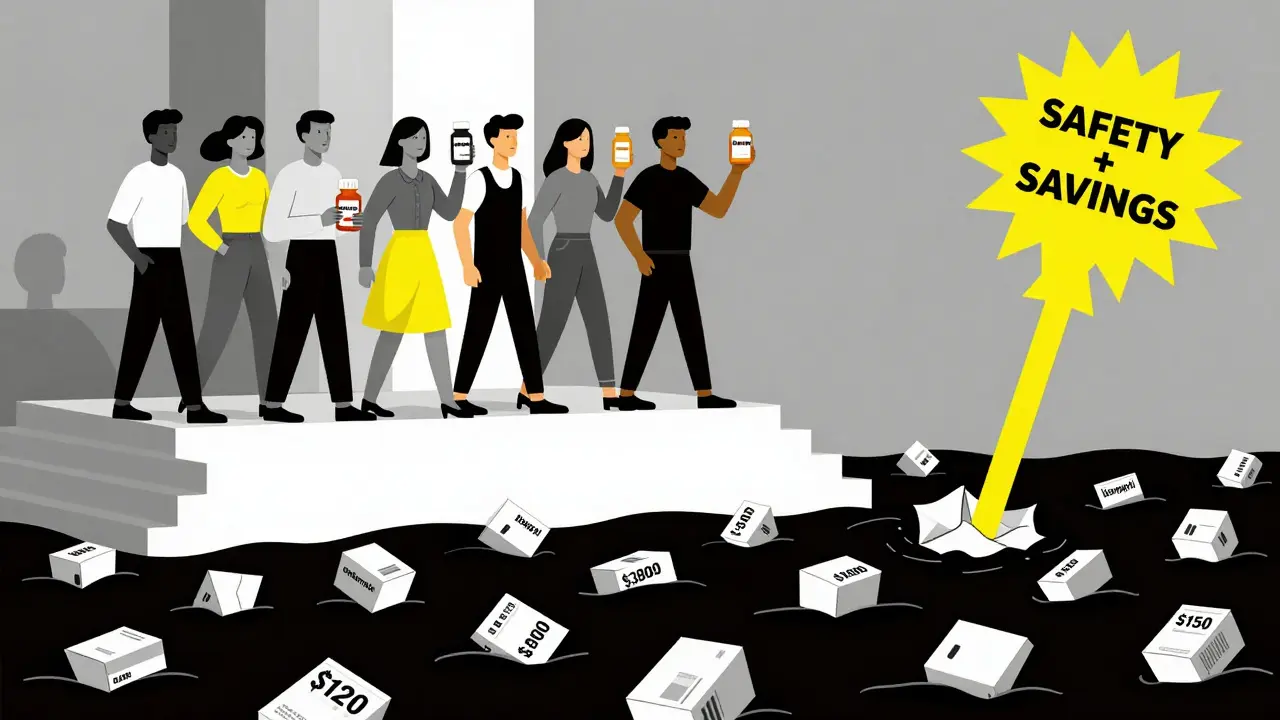 People holding generic meds on a block platform, while expensive brand-name boxes sink below.