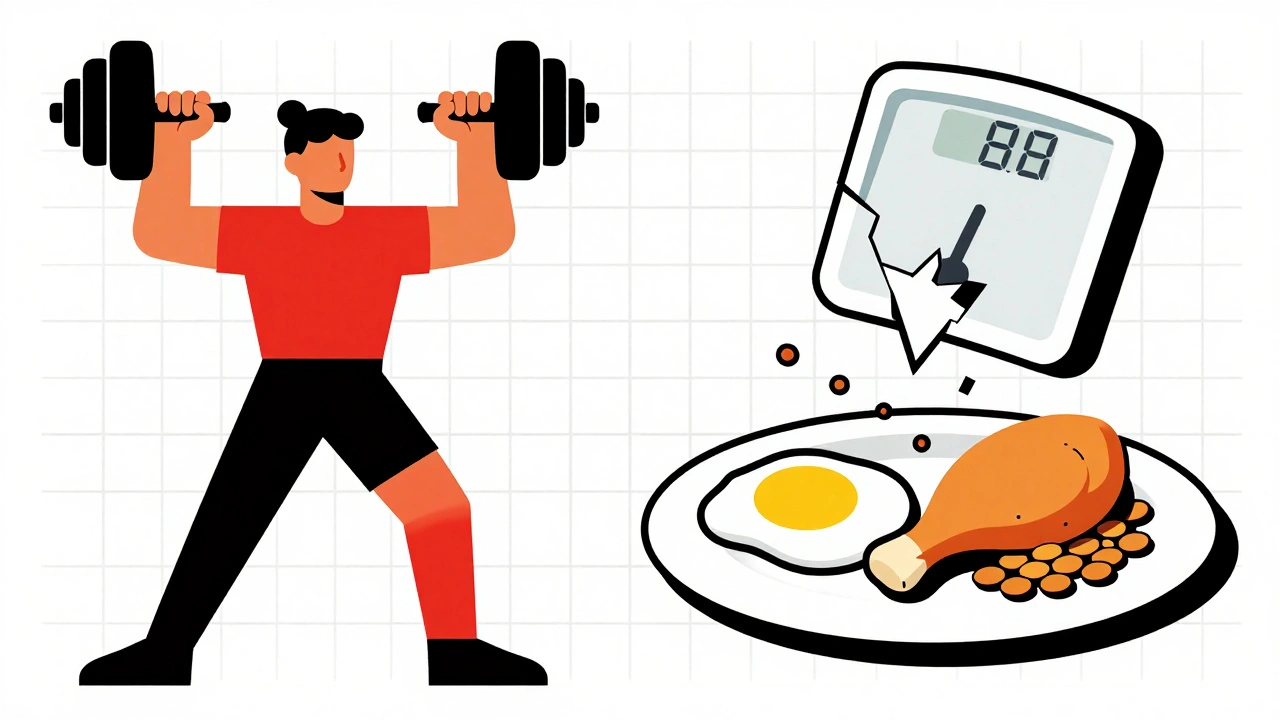 Person lifting weights beside a plate of protein foods, broken calorie counter above