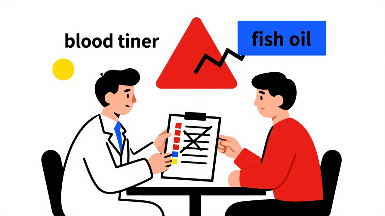 Pharmacist and patient reviewing drug interactions using primary-colored geometric shapes.