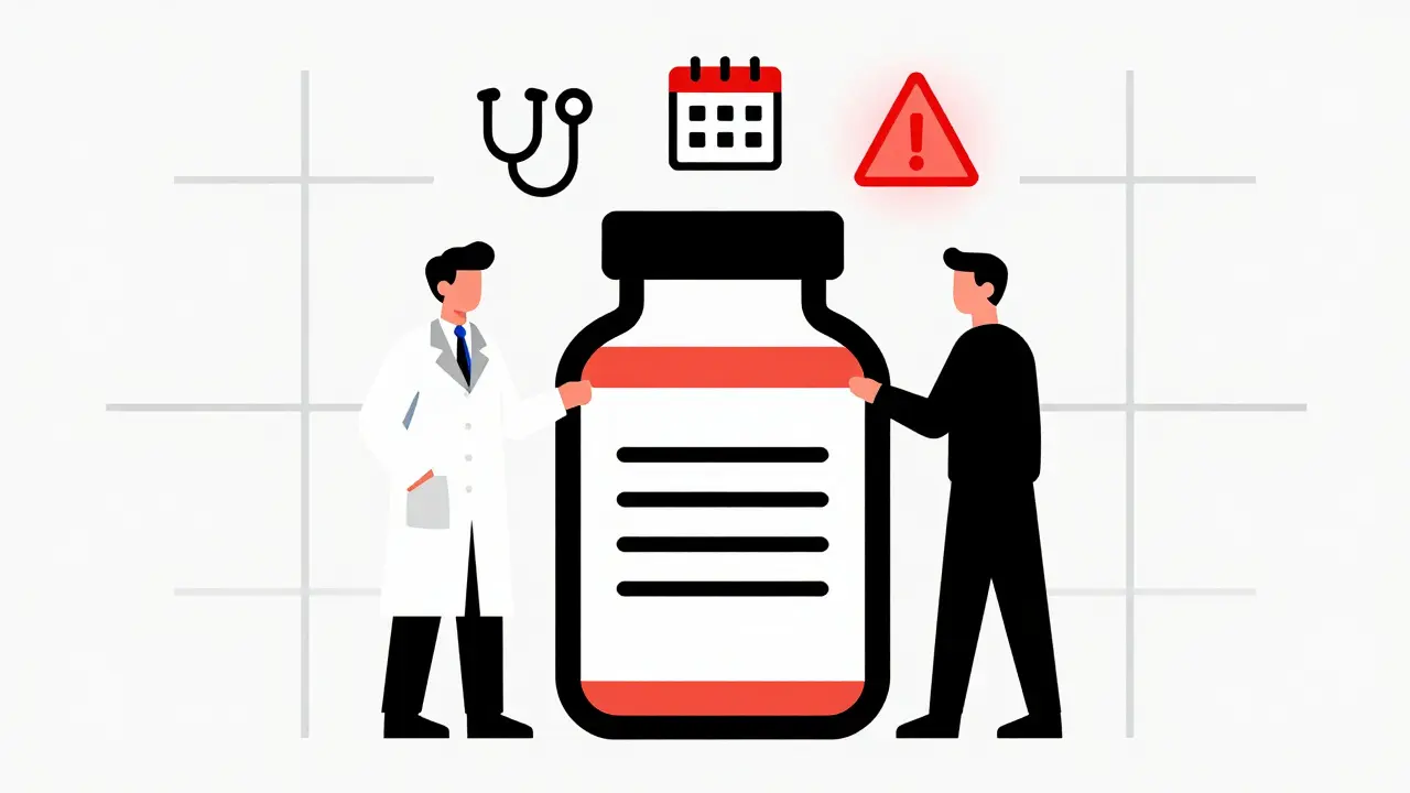 Pharmacist and patient stand beside a prescription bottle with black warning border, surrounded by color-blocked icons.