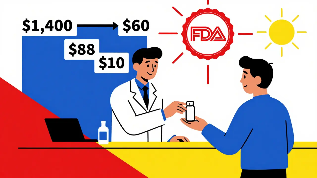 Pharmacist handing a generic pill bottle to a patient, with dramatic price drop numbers floating above.