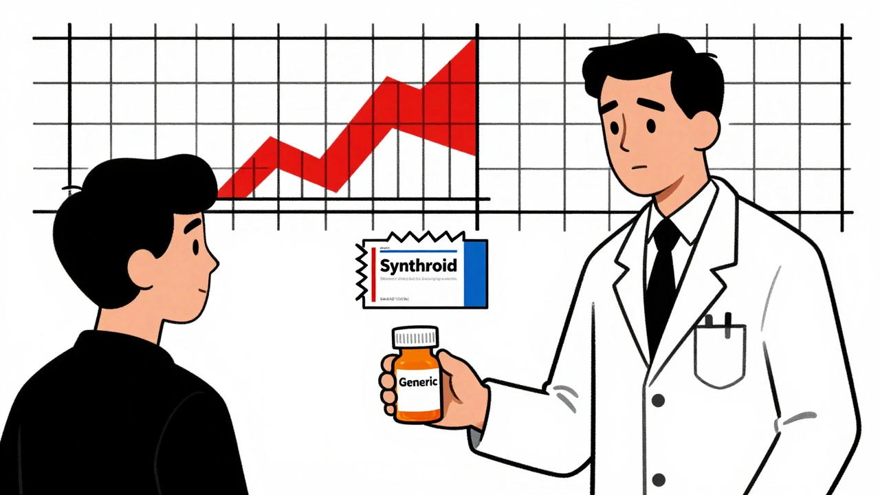 Pharmacist handing a pill bottle to a patient, with two different generic labels and a floating TSH graph in geometric shapes.