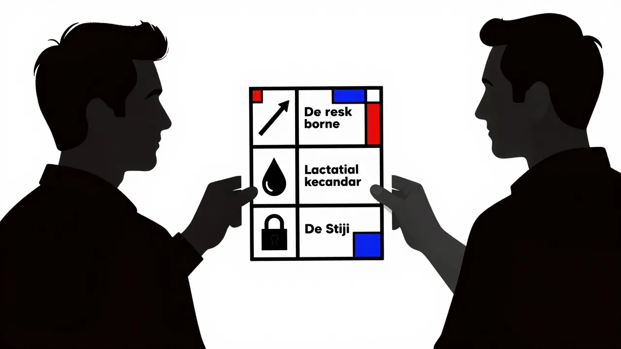 Pharmacist handing a stylized drug label with symbolic data sections to a patient in minimalist De Stijl design.