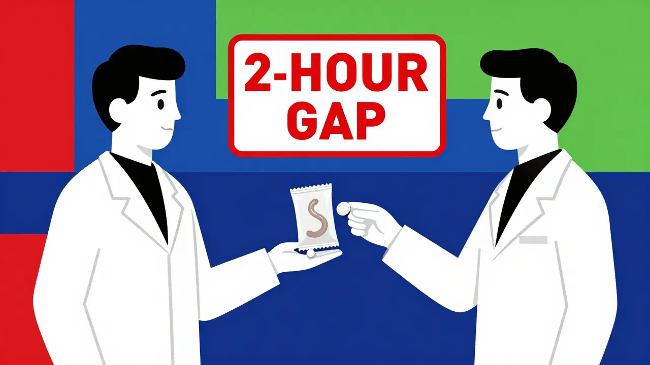 Pharmacist handing out medication and fiber with a bold two-hour separation sign