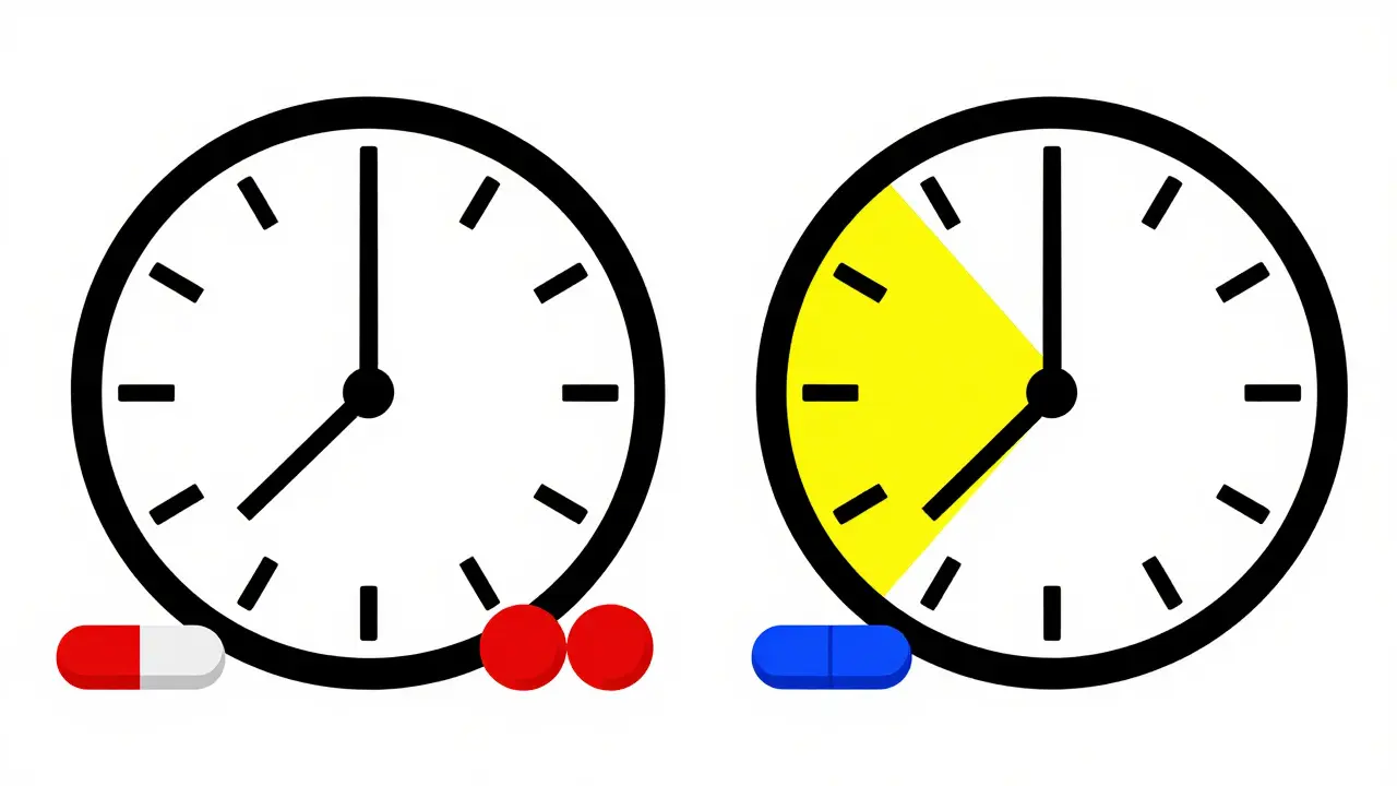 Split daily schedule showing medication and fiber separated by a two-hour time gap