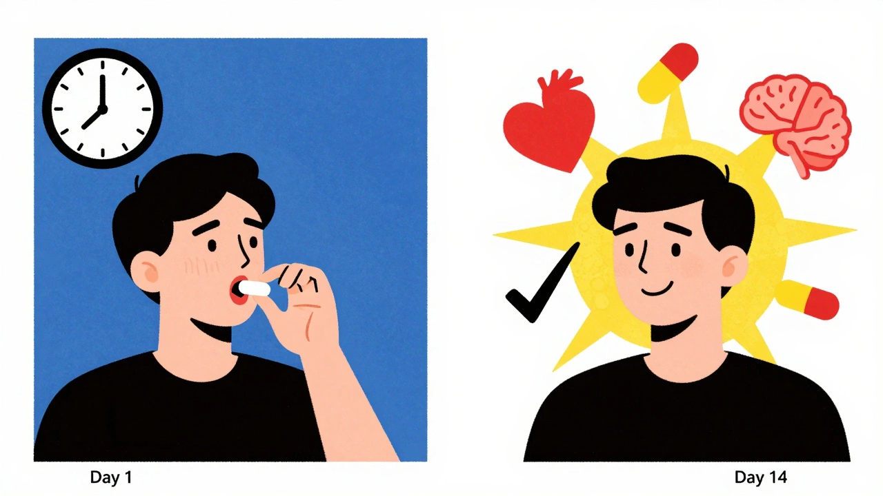 Split illustration showing medication effects over two weeks using abstract shapes and primary colors.