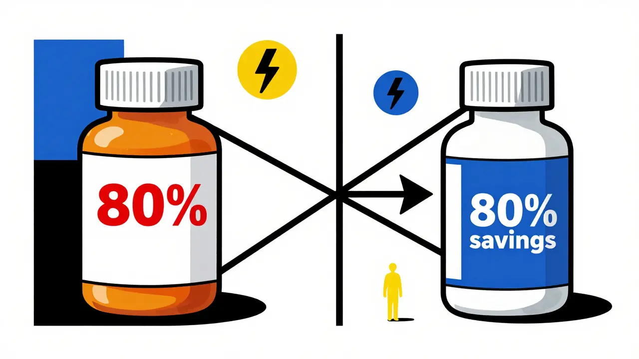 Split image contrasts expensive brand-name pill with affordable generic, connected by arrow in De Stijl style.