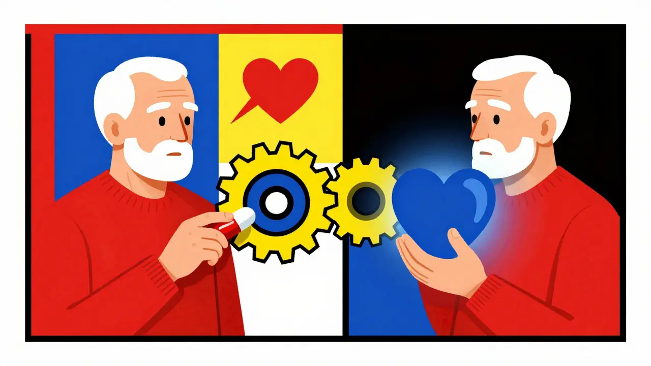 Split-panel De Stijl art contrasting omeprazole interfering with heart protection versus pantoprazole preserving it using bold lines and color blocks.