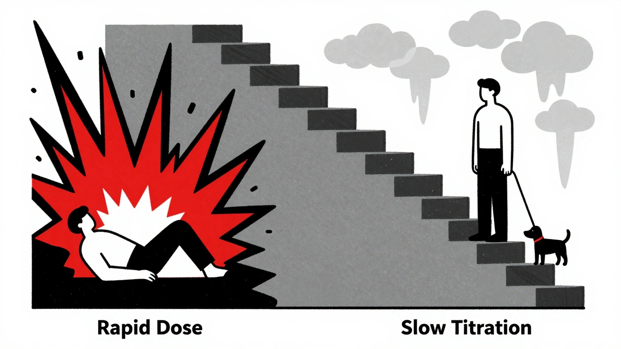 Split scene: chaotic rapid dose vs. calm slow titration staircase with patient thriving.