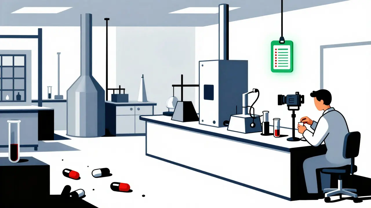 Split scene of chaotic vs. compliant pharmaceutical lab in bold primary colors and straight lines.