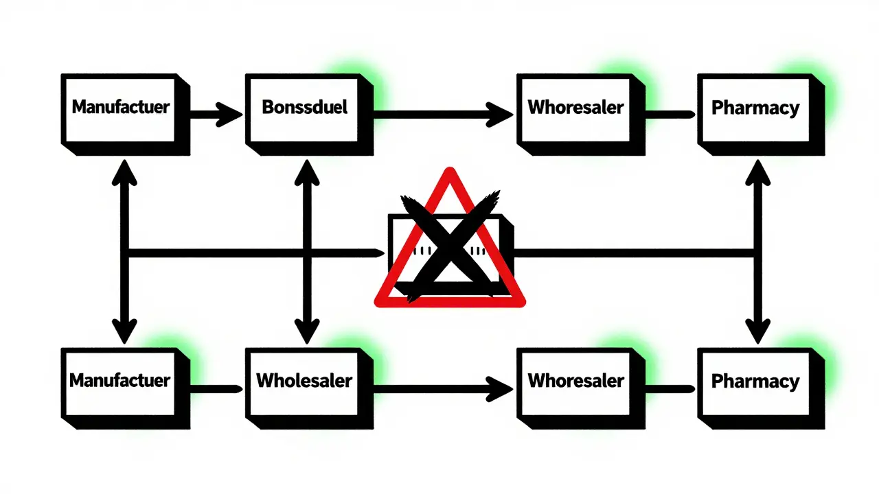 Supply chain blocks with serial numbers, one crossed out with red warning, others glowing green.