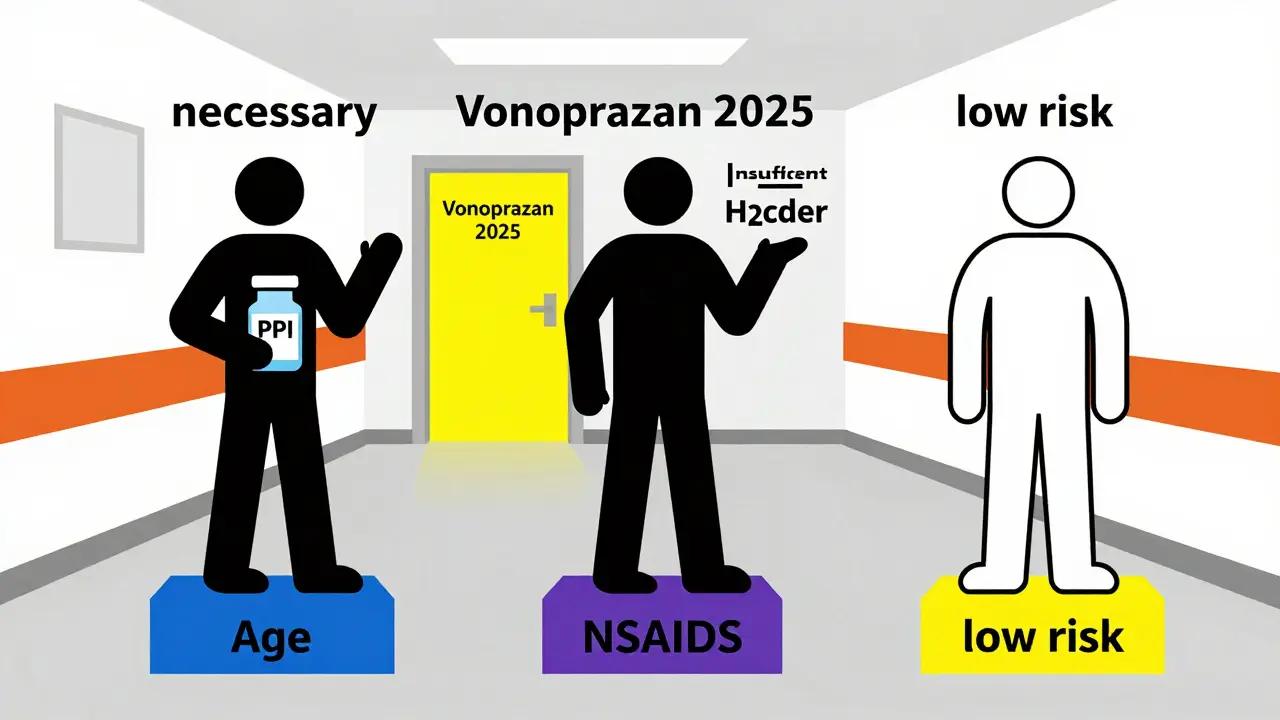 Three abstract figures in De Stijl style representing PPI necessity, insufficiency, and low risk, with colored blocks and distant future drug door.