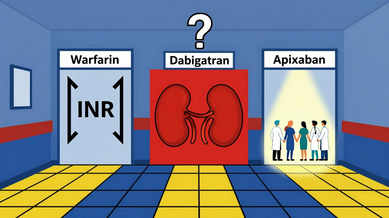 Three hospital paths labeled with anticoagulants, only apixaban glowing, in De Stijl black-and-primary-color grid composition.