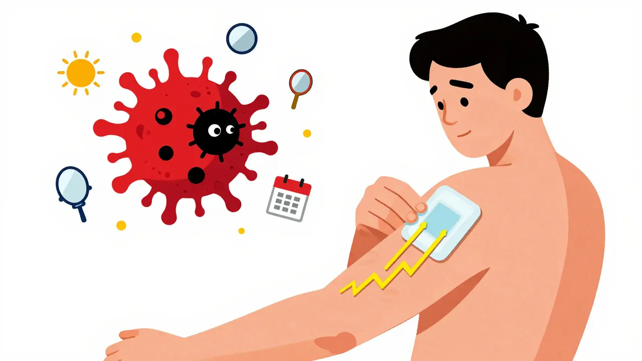 Wireless patch on arm with electrical lines and immune cell attacking cancer cell
