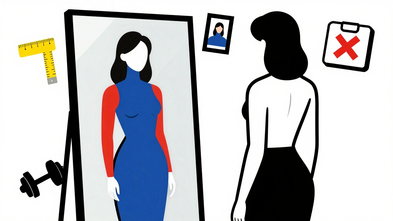 Woman in front of a line-art mirror, reflection shows toned body while scale is crossed out, illustrating body recomposition.