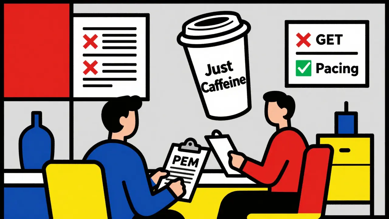 A doctor’s office in geometric style, patient holding PEM clipboard as a giant coffee cup looms, with 'GET' crossed out and 'Pacing' approved.