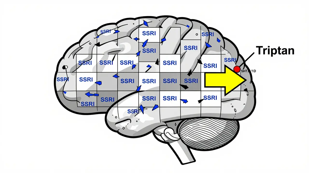 A geometric brain with blue arrows for SSRIs and a single yellow arrow activating one specific receptor node in red.