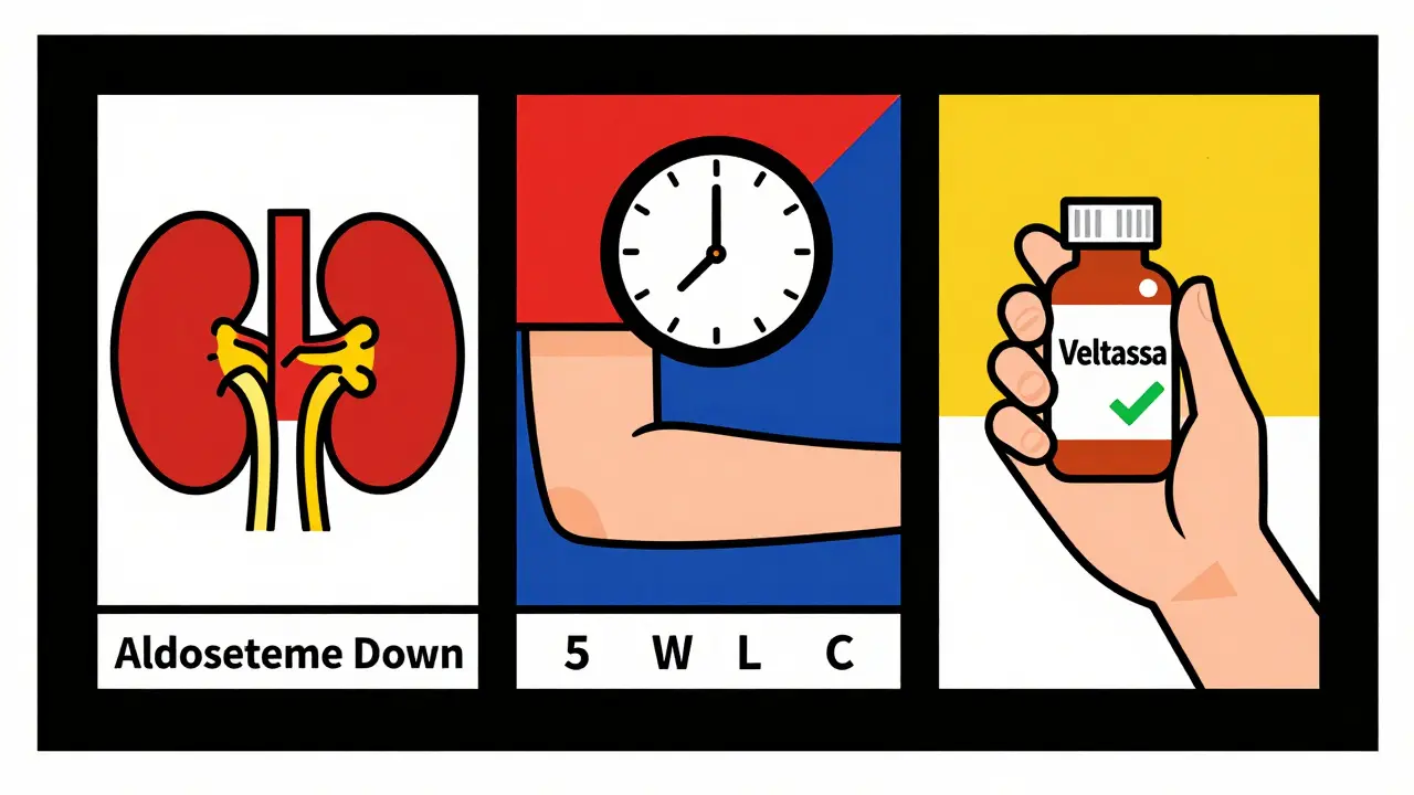 A medical dashboard showing kidney blockage, time progression, and a potassium binder in De Stijl abstract style.