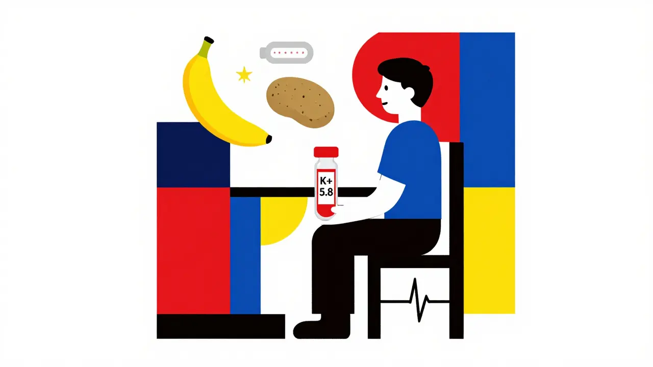 A patient with a high potassium blood test and dangerous foods floating around in bold primary colors and sharp lines.