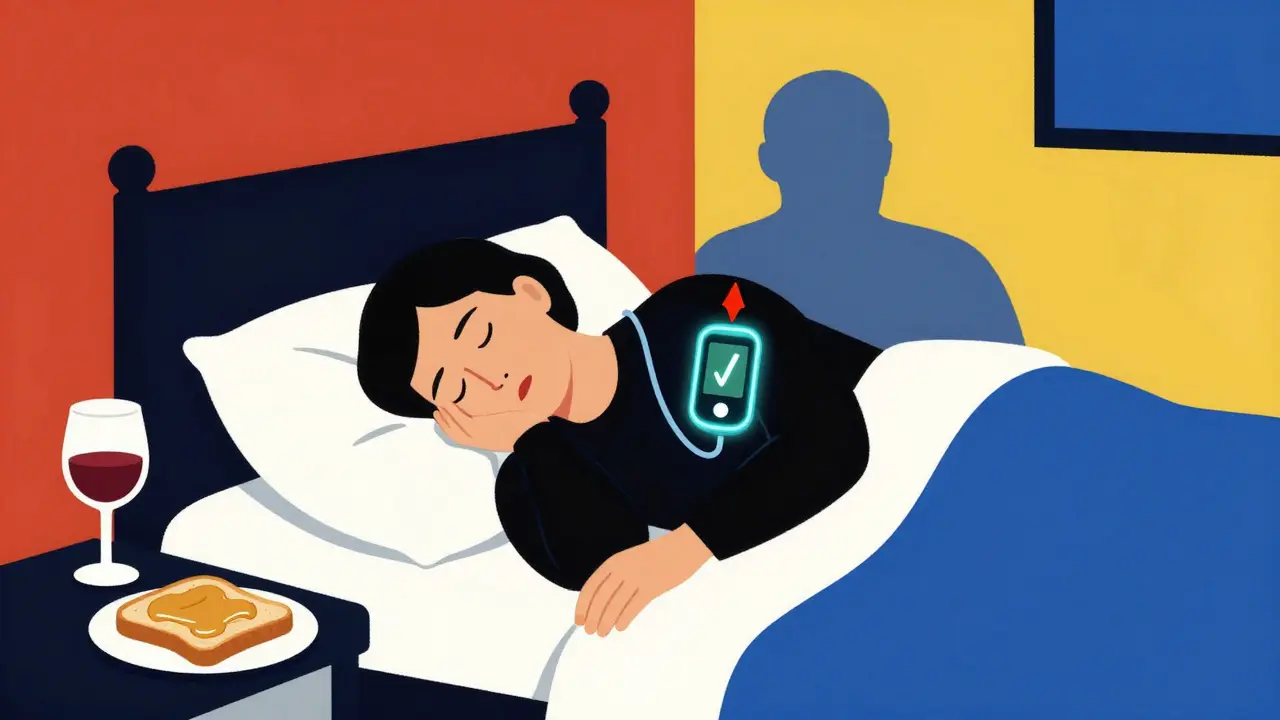 A person asleep with a CGM showing a low trend, wine glass, and toast on the nightstand in De Stijl style.