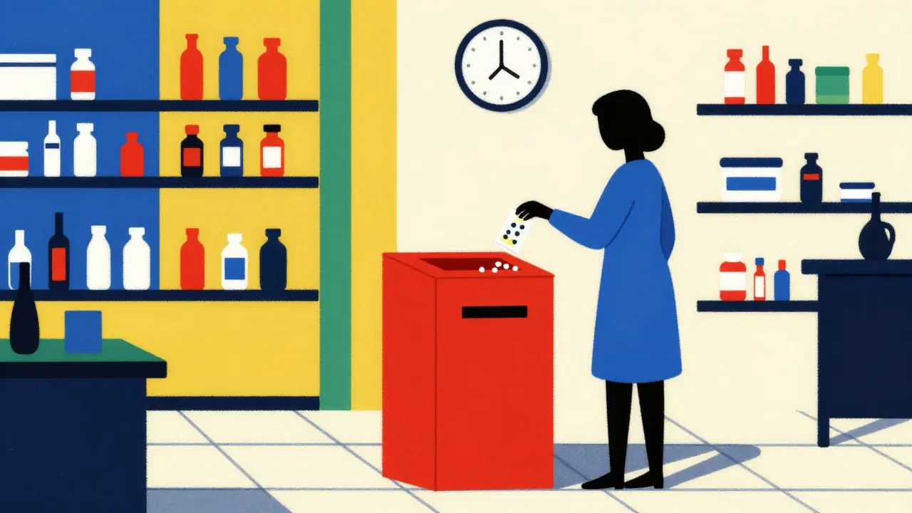 A person disposes of medications in a permanent pharmacy kiosk, shown in abstract De Stijl geometric design with primary colors.