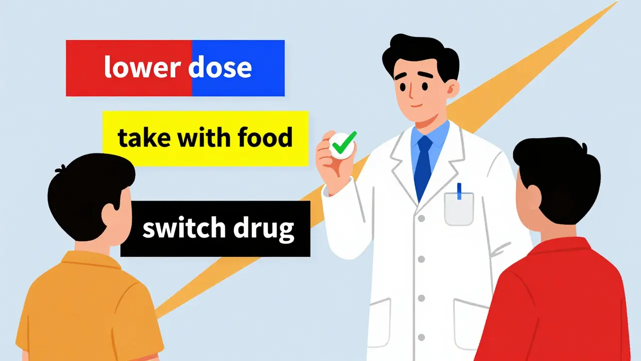 A pharmacist and patient discussing medication options using geometric color panels in De Stijl design.