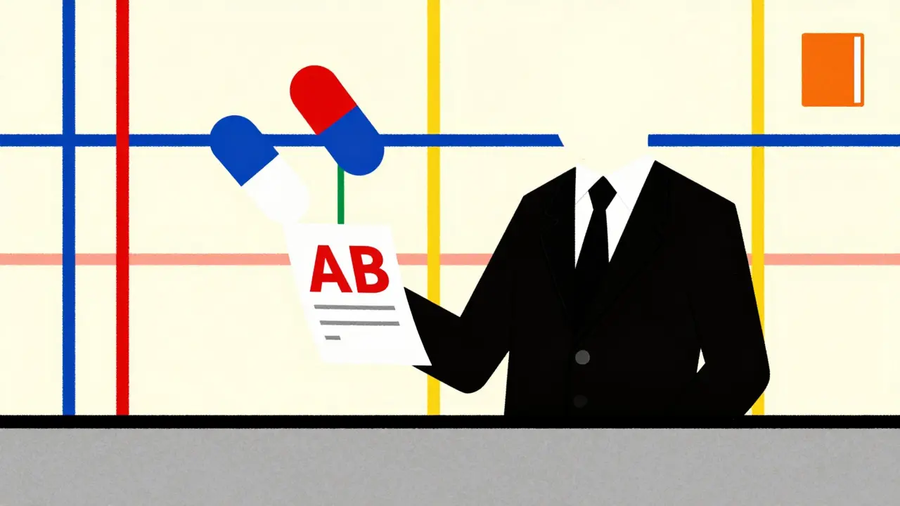 A pharmacist holding a prescription with an AB code, two pills linked by a green line against a grid background.