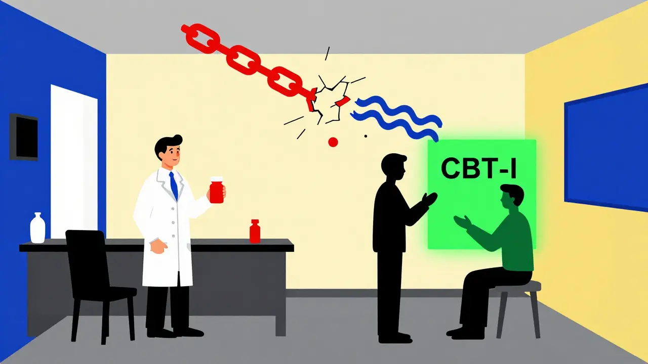 A therapist guides a patient toward a green CBT-I square while a doctor holds a pill bottle, with a shattered pain chain breaking into sleep waves.