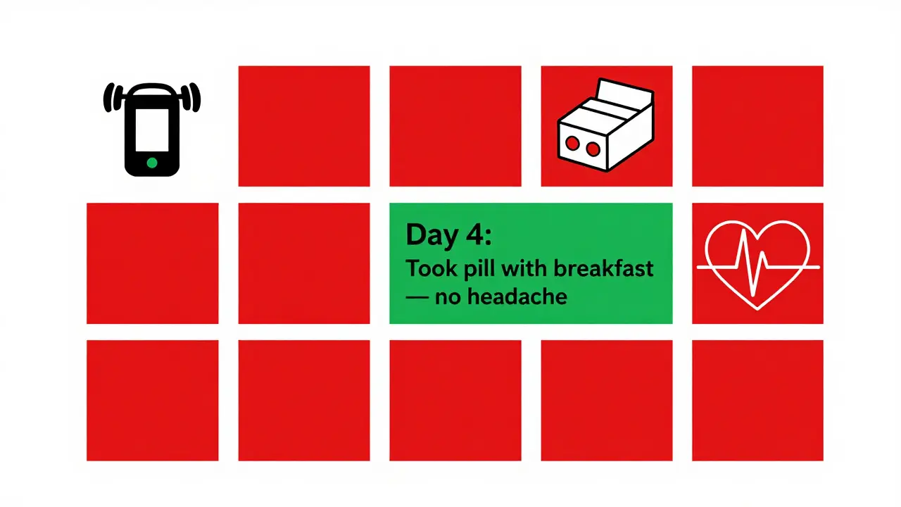 A weekly medication calendar with one successful day marked in green, shown in minimalist De Stijl style.