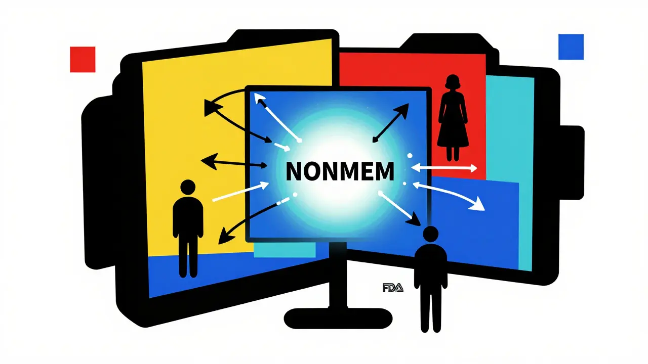 Abstract computer terminal with data flows into NONMEM algorithm, symbolizing regulatory approval.
