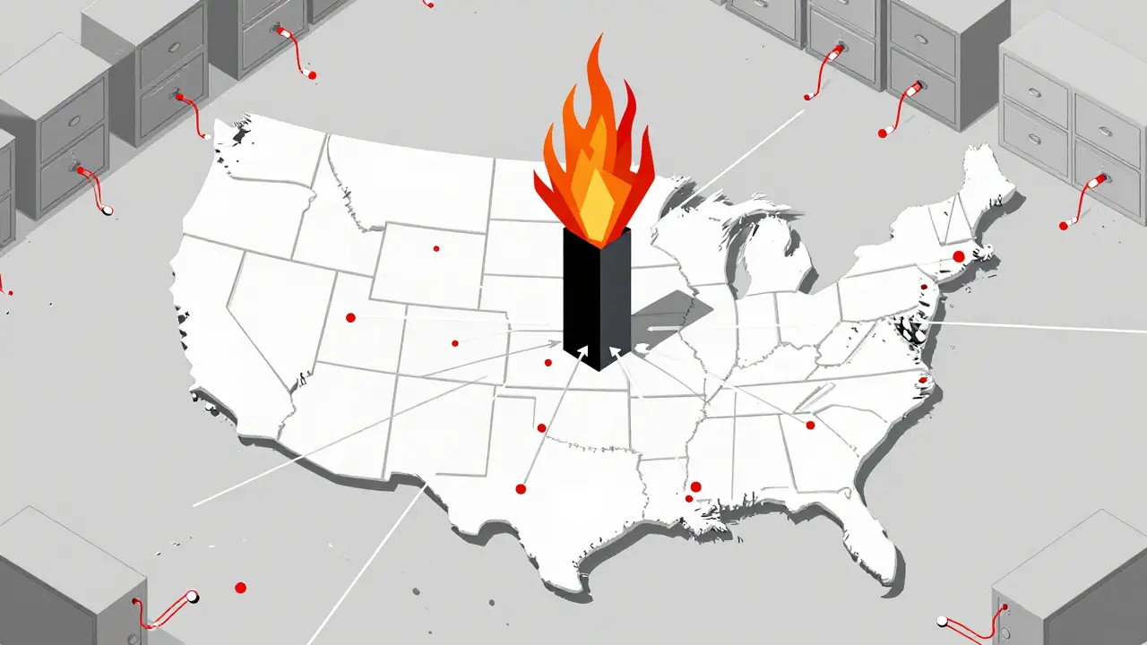 An abstract map shows collection sites connected to a central incineration facility, symbolizing safe drug disposal nationwide.