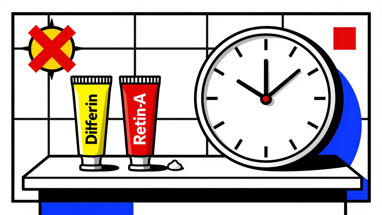 Bathroom counter with two retinoid tubes, a pea-sized dot of cream, and a clock at night, rendered in De Stijl abstract style.