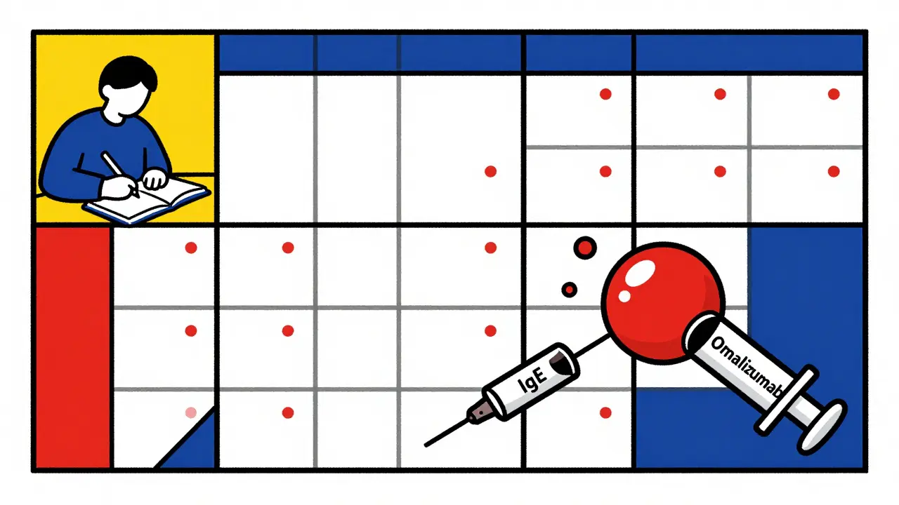 Calendar grid with hives and treatment symbols in primary colors, representing progression to biologic therapy.