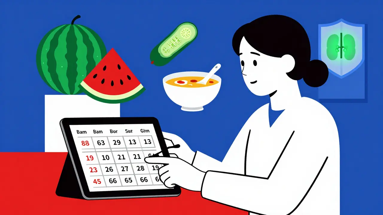 Caregiver setting hydration reminders with floating hydrating foods and a glowing kidney icon.