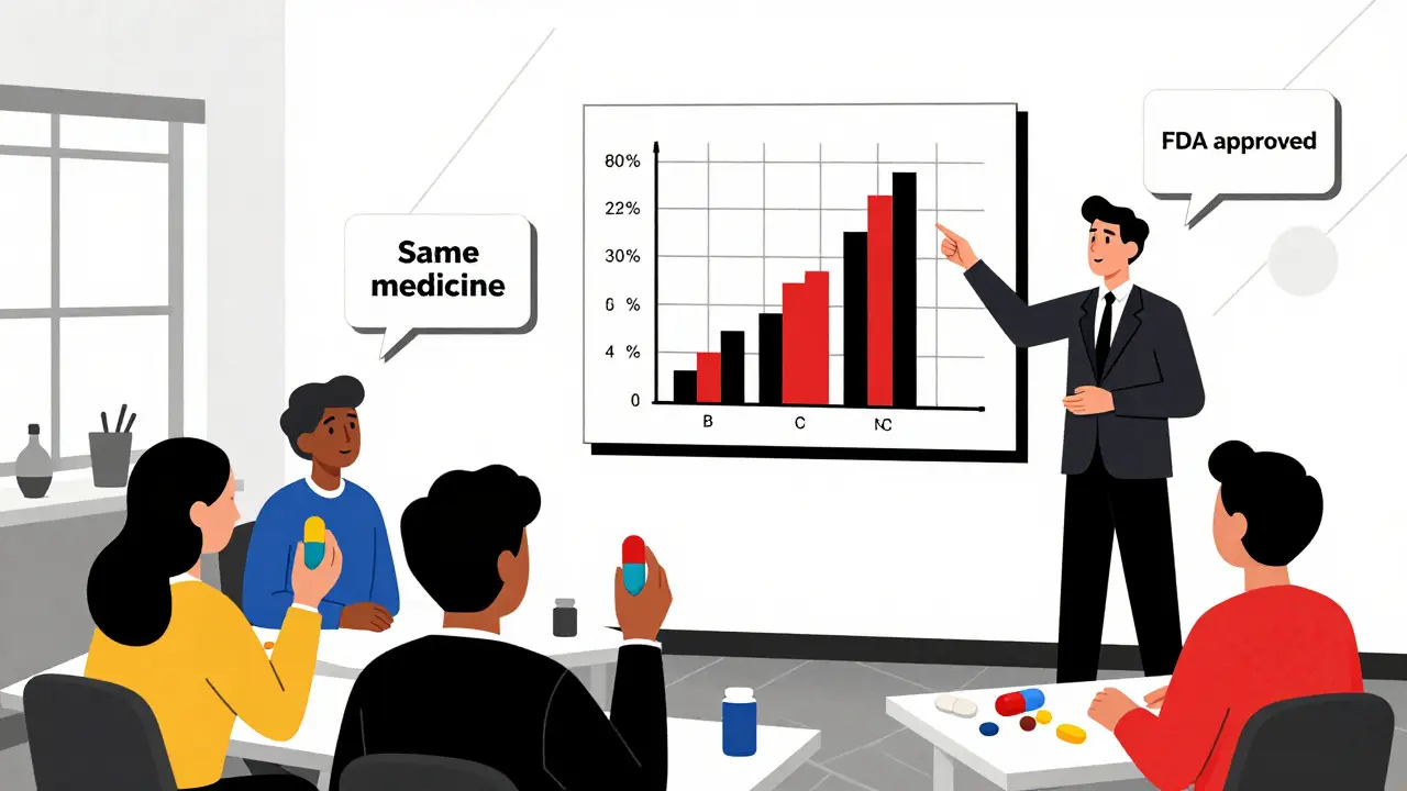 Community workshop with people holding pills, bioequivalence chart in red and black, geometric background.