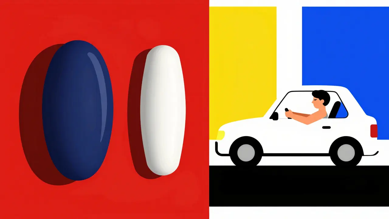 Contrasting pill forms in De Stijl style: one causing sleep, the other enabling alertness.
