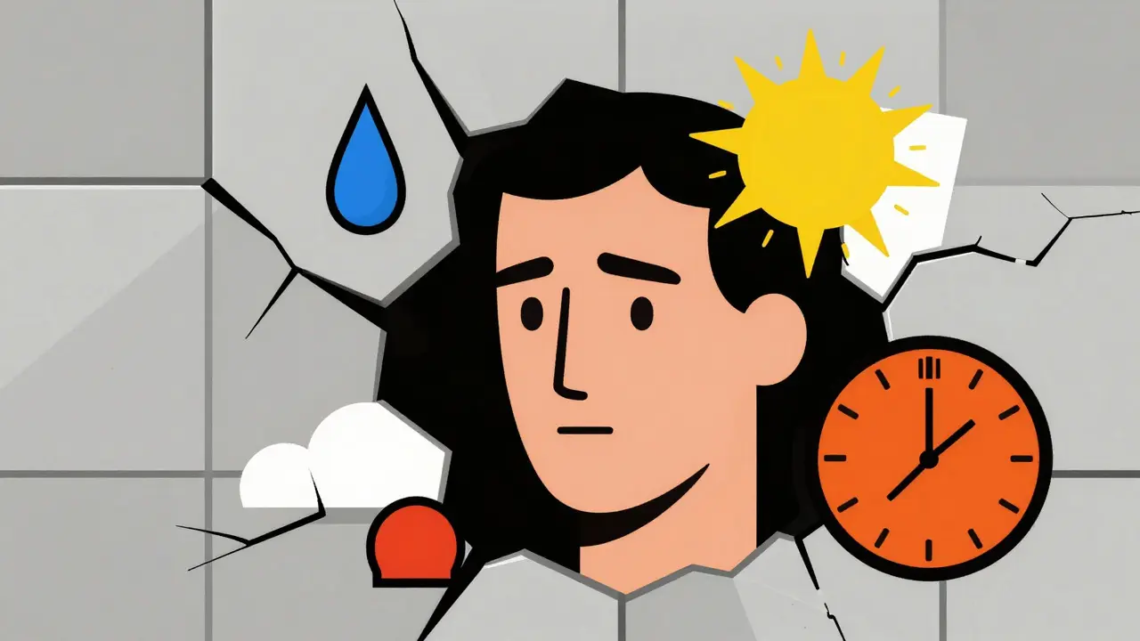 Face emerging from cracked tiles into smooth skin, surrounded by symbolic shapes of irritation, sunblock, and time in De Stijl style.