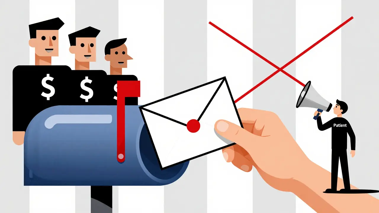 Hand mailing appeal letter into pill-shaped mailbox as insurer figures turn away