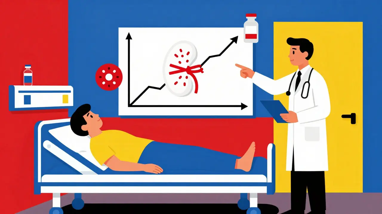 Hospital scene with creatinine curve and medical symbols in De Stijl color blocks.