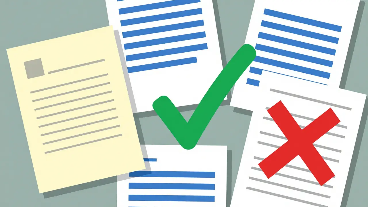 Medical documents arranged in De Stijl style with green checkmark emerging centrally