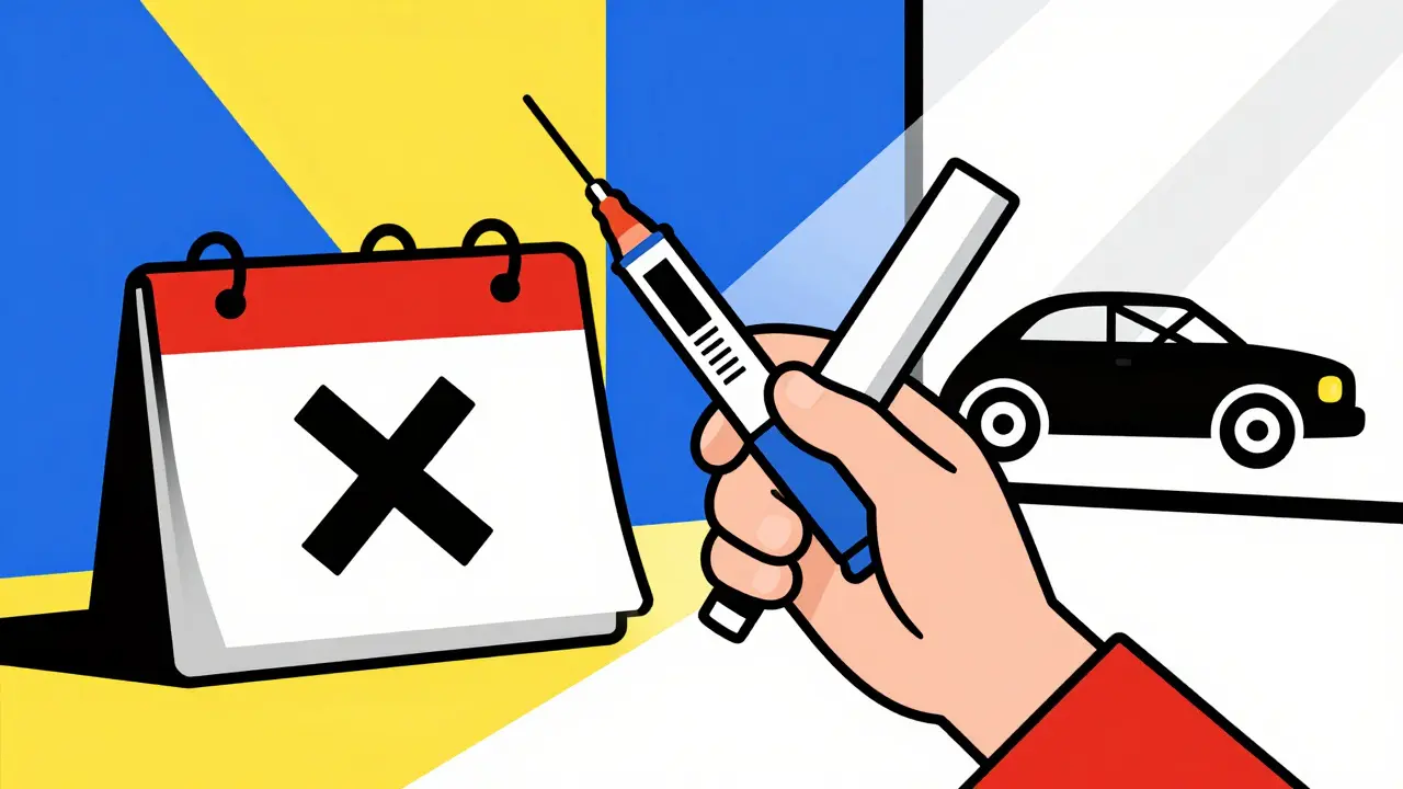 Opened insulin pen next to a calendar marked day 28, with a hot car symbol in De Stijl style.