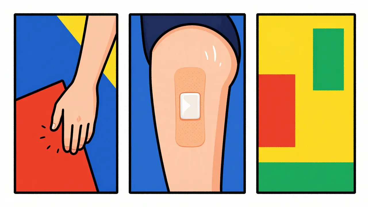 Patch applied to three body areas in abstract colored rectangles with adhesive overlay