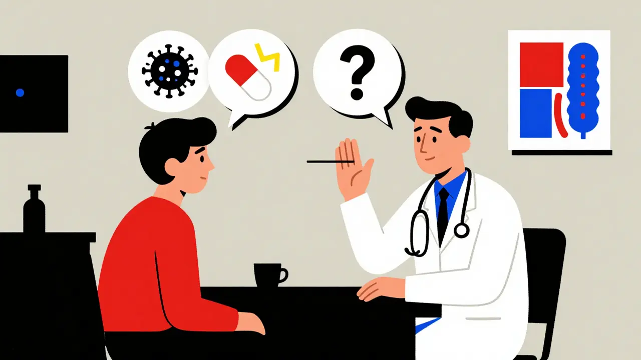 Patient and doctor discussing antibiotic need with symbolic speech bubbles in a minimalist clinic
