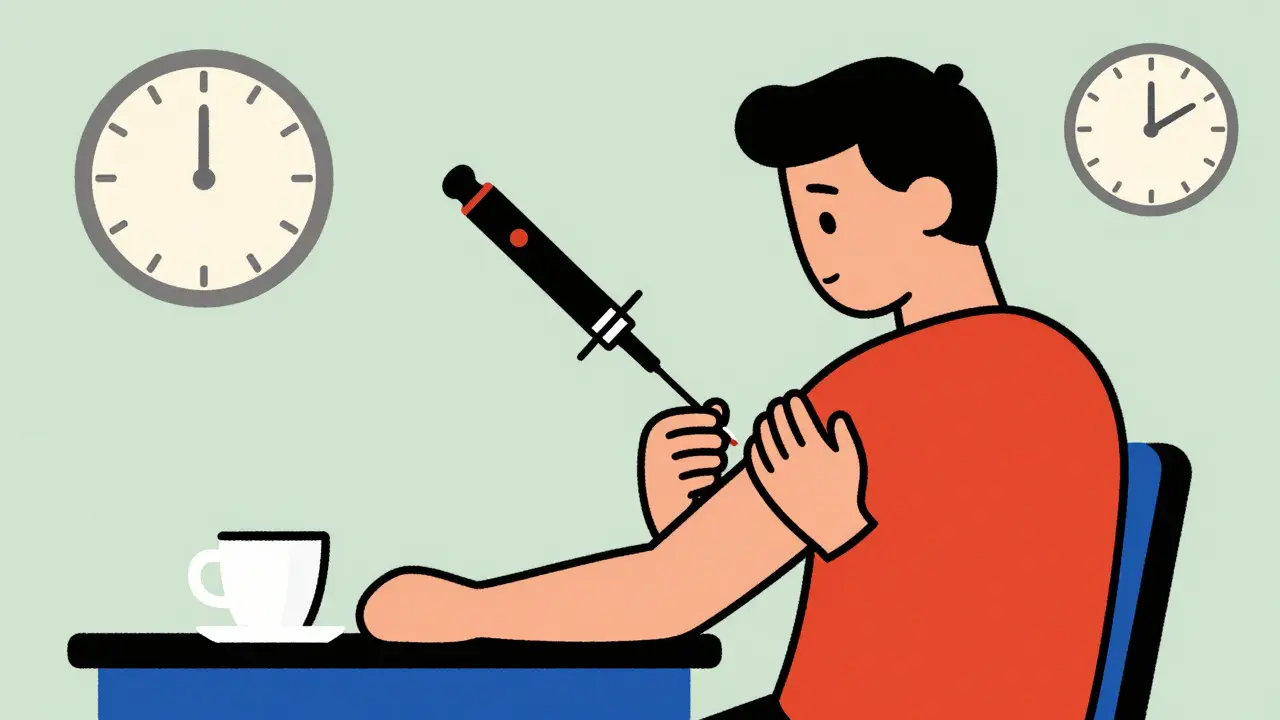 Person injecting with pen beside coffee cup, stylized clock indicates daily routine