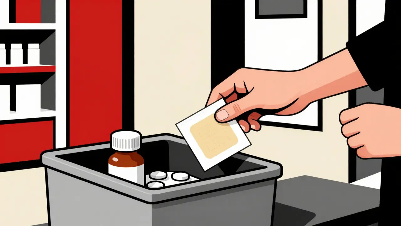 Person placing folded patches and sealed bottles into a pharmacy take-back bin