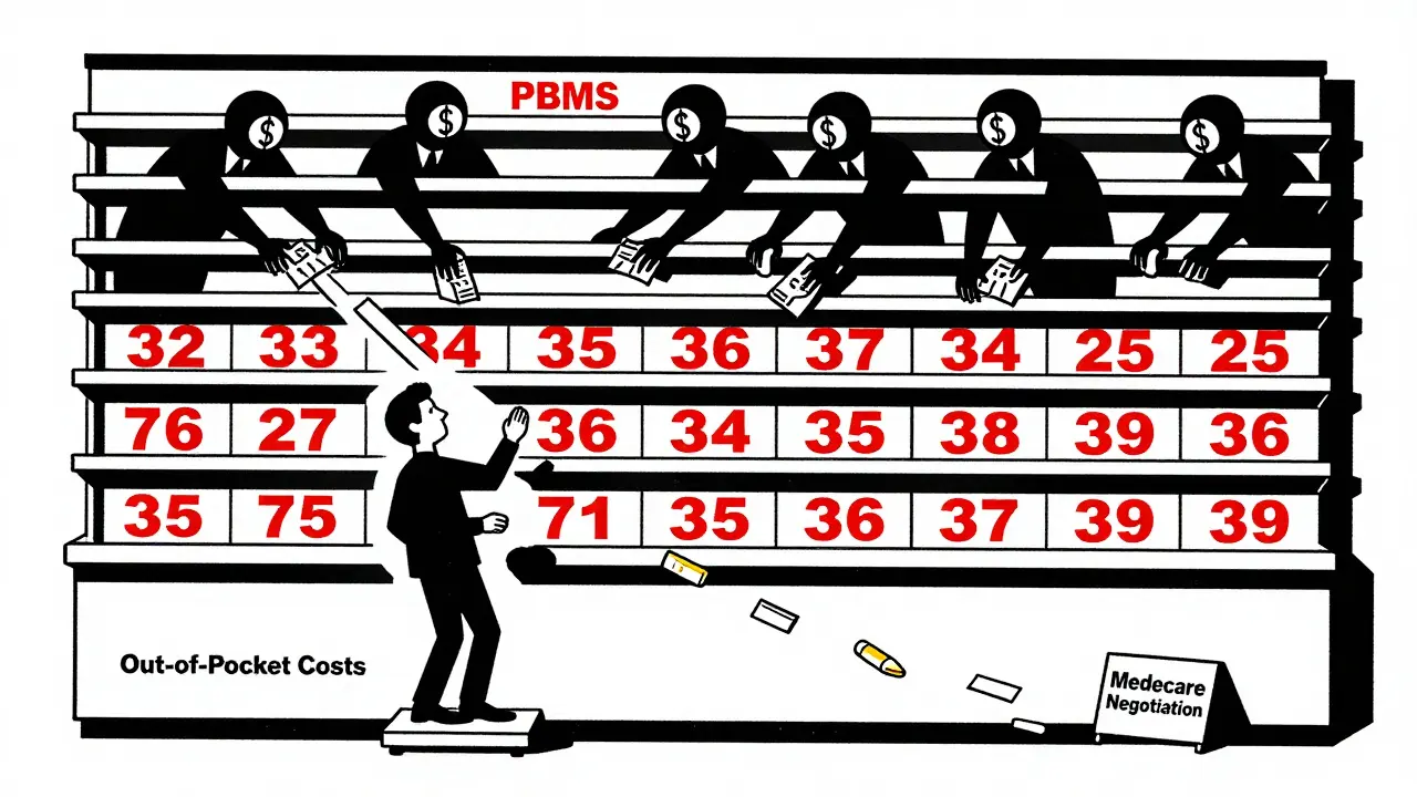 Pharmacy shelf with high drug prices, PBMs taking rebates, patient struggling under costs