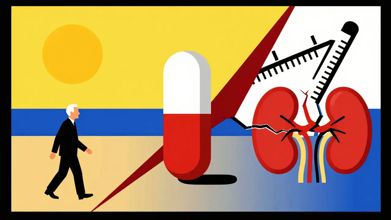 Senior walking toward a beach as a diuretic pill splits the scene with a rising kidney gauge.