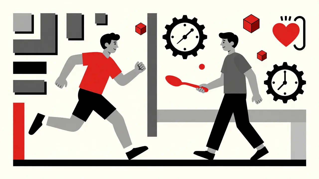 Split illustration: a healthy person with abundant energy blocks versus someone with ME/CFS using single spoons, with heart monitor and cytokine shapes.