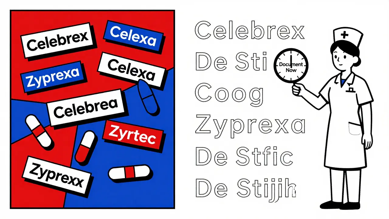 Split scene: chaotic drug names vs. clearly separated letters, showing error prevention through clarity.
